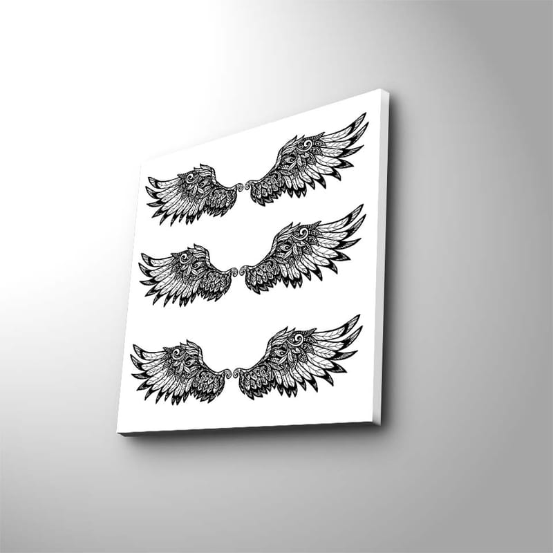 Canvastavla 45x45 cm - Detaljerade fjädrar i en symmetrisk komposition av vingar, Svart / Vitt