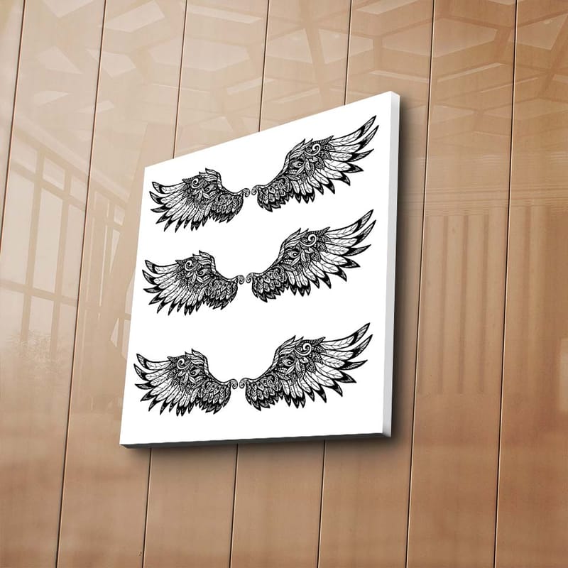 Canvastavla 45x45 cm - Detaljerade fjädrar i en symmetrisk komposition av vingar - Svart / Vitt - Inredning - Tavlor & posters - Canvastavla