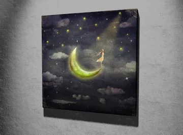 Canvastavla 45x45 cm - Drömlik scen med en kvinna som står på en måne i stjärnklara natten - Mörkblå / Grön / Vit - Inredning - Tavlor & posters - Canvastavla