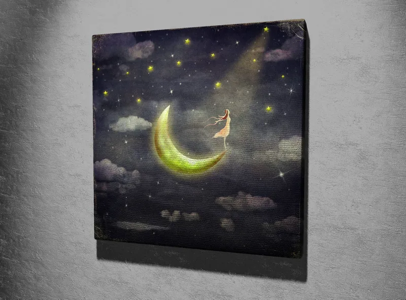 Canvastavla 45x45 cm - Drömlik scen med en kvinna som står på en måne i stjärnklara natten - Mörkblå / Grön / Vit - Inredning - Tavlor & posters - Canvastavla