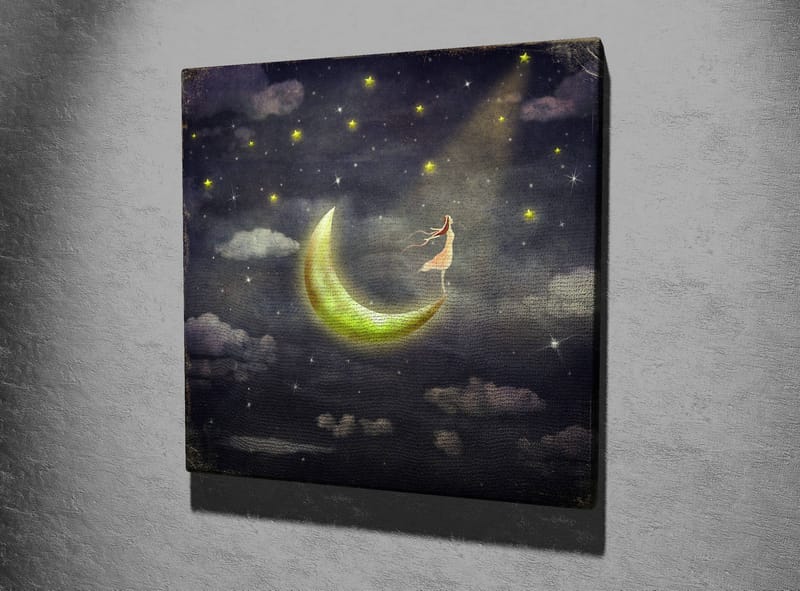 Canvastavla 45x45 cm - Drömlik scen med en kvinna som står på en måne i stjärnklara natten - Mörkblå / Grön / Vit - Inredning - Tavlor & posters - Canvastavla