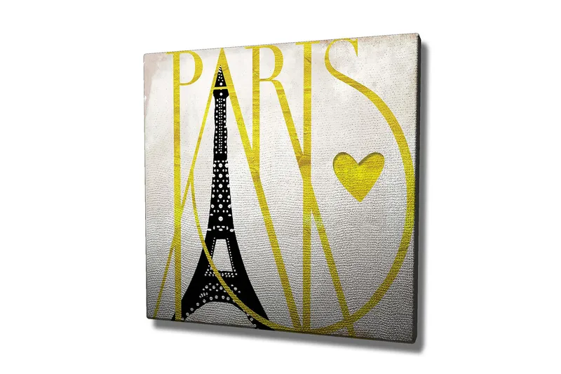 Canvastavla 45x45 cm - Eiffeltornet med stiliserad text och hjärta - Svart / Gul - Inredning - Tavlor & posters - Canvastavla