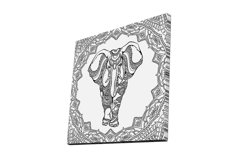 Canvastavla 45x45 cm - Elefant i detaljrik mandalamönster, Svart / Vitt