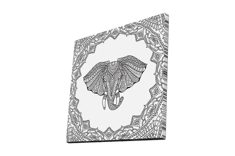 Canvastavla 45x45 cm - Elefant med intrikata mönster i en dekorativ ram, Svart / Vitt