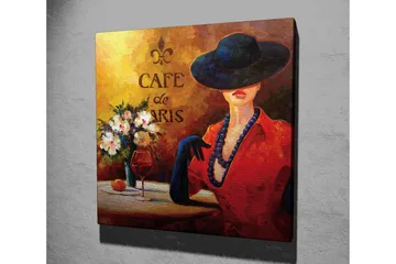 Canvastavla 45x45 cm - Elegant kvinna med hatt och röd klänning vid ett cafébord - Röd / Svart / Vit - Inredning - Tavlor & posters - Canvastavla