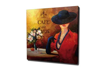 Canvastavla 45x45 cm - Elegant kvinna med hatt och röd klänning vid ett cafébord - Röd / Svart / Vit - Inredning - Tavlor & posters - Canvastavla
