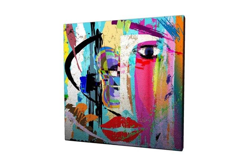 Canvastavla 45x45 cm - Färgglad ansiktsporträtt med abstrakta inslag - Blå / Rosa / Orange - Inredning - Tavlor & posters - Canvastavla