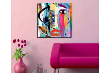 Canvastavla 45x45 cm - Färgglad ansiktsporträtt med abstrakta inslag - Blå / Rosa / Orange - Inredning - Tavlor & posters - Canvastavla