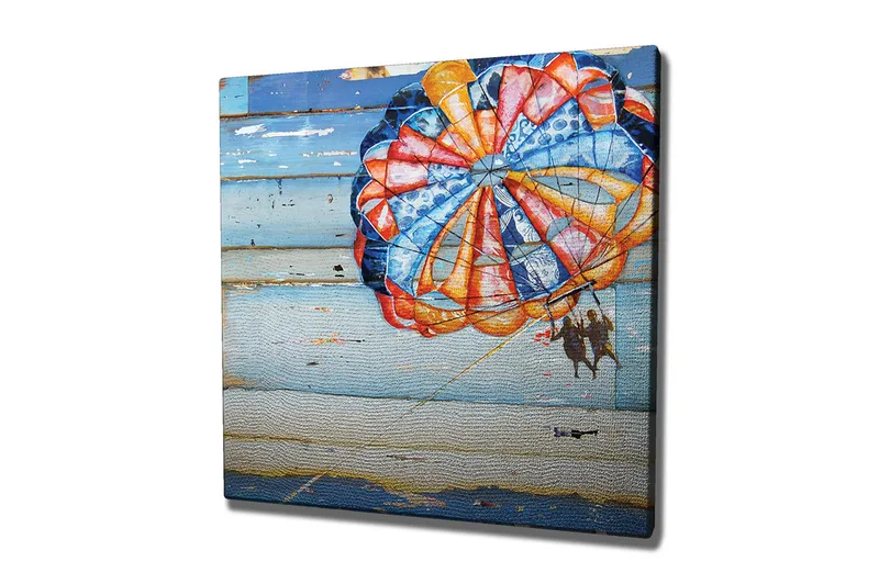 Canvastavla 45x45 cm - Färgglad fallskärm med två personer som svävar över havet - Blå / Orange / Röd - Inredning - Tavlor & posters - Canvastavla