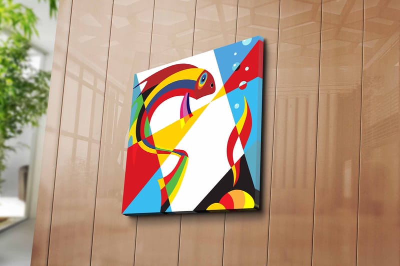 Canvastavla 45x45 cm - Färgglad fisk i abstrakt stil - Röd / Gul / Blå - Inredning - Tavlor & posters - Canvastavla