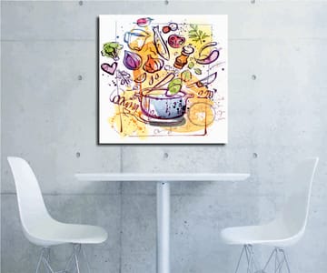 Canvastavla 45x45 cm - Färgglad komposition med köksredskap och grönsaker - Grön / Lila / Orange - Inredning - Tavlor & posters - Canvastavla
