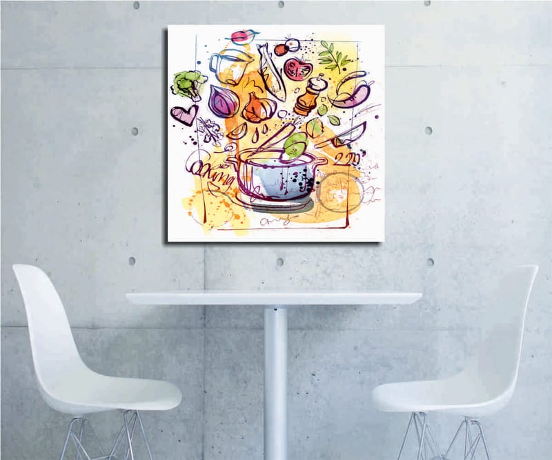 Canvastavla 45x45 cm - Färgglad komposition med köksredskap och grönsaker - Grön / Lila / Orange - Inredning - Tavlor & posters - Canvastavla