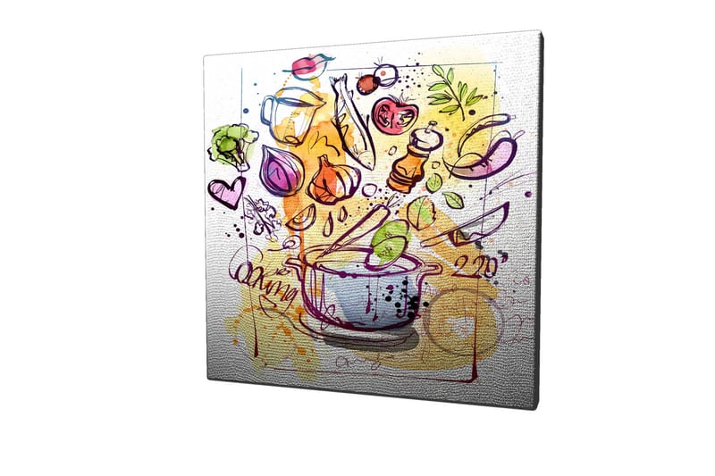 Canvastavla 45x45 cm - Färgglad komposition med köksredskap och grönsaker - Grön / Lila / Orange - Inredning - Tavlor & posters - Canvastavla