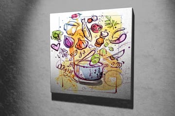 Canvastavla 45x45 cm - Färgglad komposition med köksredskap och grönsaker - Grön / Lila / Orange - Inredning - Tavlor & posters - Canvastavla