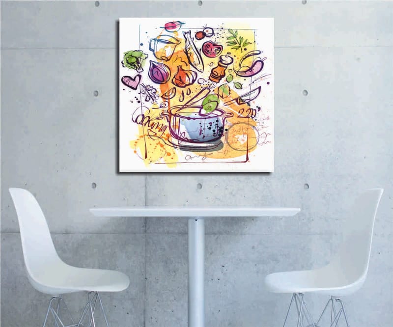 Canvastavla 45x45 cm - Färgglad komposition med köksredskap och grönsaker, Grön / Lila / Orange