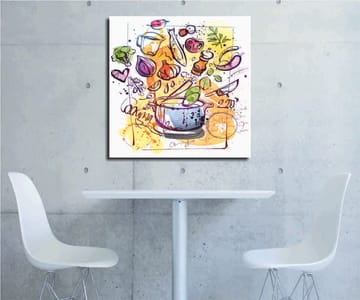 Canvastavla 45x45 cm - Färgglad komposition med köksredskap och grönsaker - Grön / Lila / Orange - Inredning - Tavlor & posters - Canvastavla
