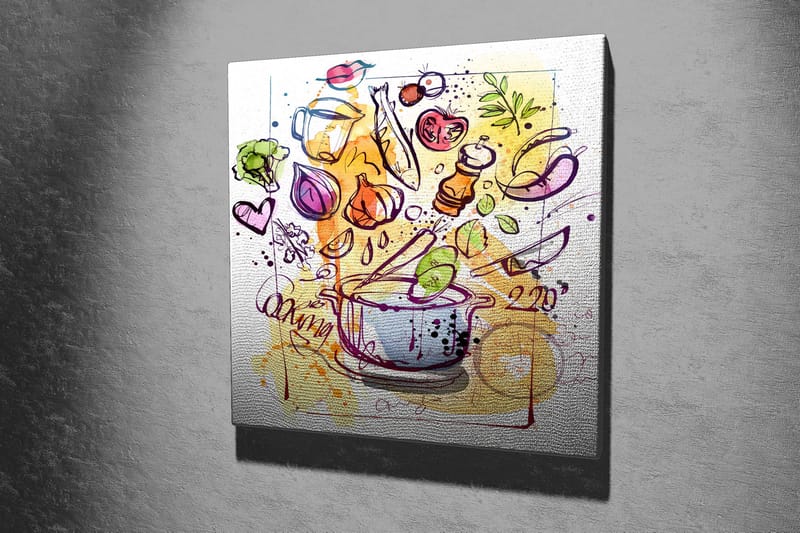 Canvastavla 45x45 cm - Färgglad komposition med köksredskap och grönsaker - Grön / Lila / Orange - Inredning - Tavlor & posters - Canvastavla