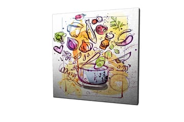 Canvastavla 45x45 cm - Färgglad komposition med köksredskap och grönsaker - Grön / Lila / Orange - Inredning - Tavlor & posters - Canvastavla