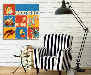 Canvastavla 45x45 cm - Färgglad musikaliskt inspirerad komposition med instrument och noter - Blå / Röd / Gul - Inredning - Tavlor & posters - Canvastavla