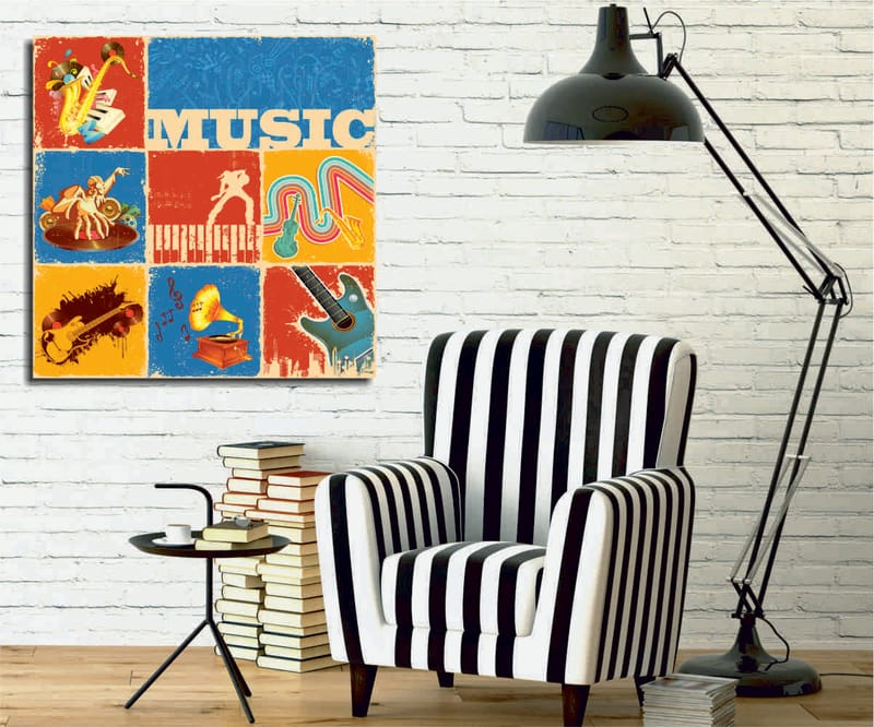 Canvastavla 45x45 cm - Färgglad musikaliskt inspirerad komposition med instrument och noter, Blå / Röd / Gul