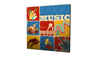 Canvastavla 45x45 cm - Färgglad musikaliskt inspirerad komposition med instrument och noter - Blå / Röd / Gul - Inredning - Tavlor & posters - Canvastavla