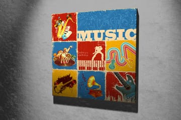 Canvastavla 45x45 cm - Färgglad musikaliskt inspirerad komposition med instrument och noter - Blå / Röd / Gul - Inredning - Tavlor & posters - Canvastavla