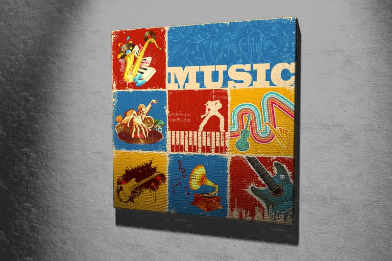 Canvastavla 45x45 cm - Färgglad musikaliskt inspirerad komposition med instrument och noter - Blå / Röd / Gul - Inredning - Tavlor & posters - Canvastavla