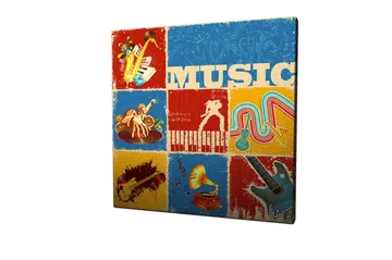Canvastavla 45x45 cm - Färgglad musikaliskt inspirerad komposition med instrument och noter - Blå / Röd / Gul - Inredning - Tavlor & posters - Canvastavla