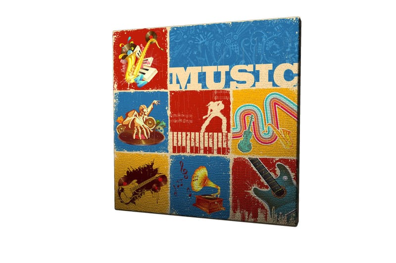 Canvastavla 45x45 cm - Färgglad musikaliskt inspirerad komposition med instrument och noter - Blå / Röd / Gul - Inredning - Tavlor & posters - Canvastavla