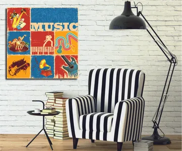 Canvastavla 45x45 cm - Färgglad musikaliskt inspirerad komposition med instrument och noter - Blå / Röd / Gul - Inredning - Tavlor & posters - Canvastavla