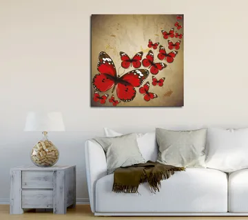 Canvastavla 45x45 cm - Färgglad samling av fjärilar i röd nyans - Röd / Svart / Beige - Inredning - Tavlor & posters - Canvastavla