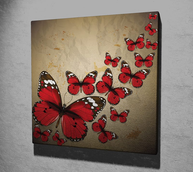 Canvastavla 45x45 cm - Färgglad samling av fjärilar i röd nyans - Röd / Svart / Beige - Inredning - Tavlor & posters - Canvastavla