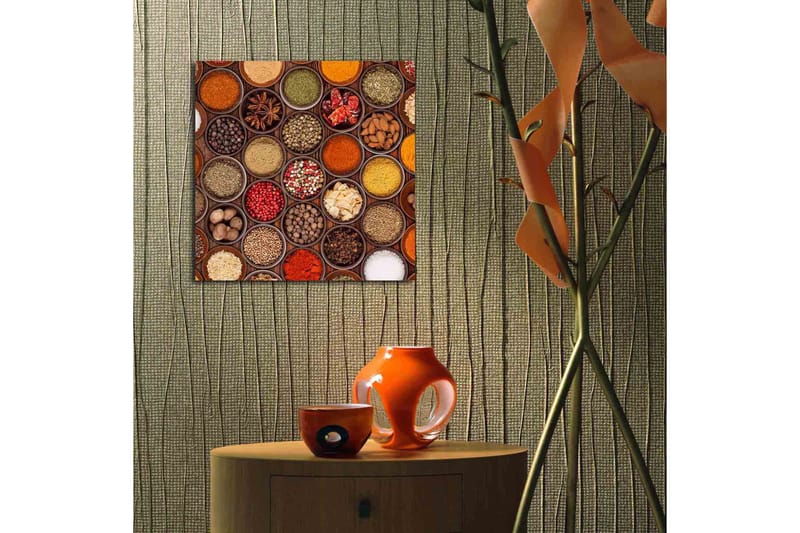 Canvastavla 45x45 cm - Färgglad samling av kryddor i skålar - Röd / Gul / Grön - Inredning - Tavlor & posters - Canvastavla