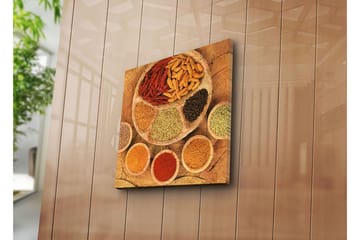 Canvastavla 45x45 cm - Färgglad samling av kryddor och örter på en rund tallrik - Röd / Gul / Brun - Inredning - Tavlor & posters - Canvastavla