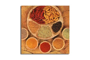 Canvastavla 45x45 cm - Färgglad samling av kryddor och örter på en rund tallrik - Röd / Gul / Brun - Inredning - Tavlor & posters - Canvastavla