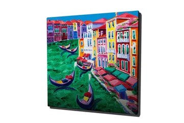 Canvastavla 45x45 cm - Färgglad vy av en kanal med gondoler och färgglada byggnader - Grön / Röd / Blå - Inredning - Tavlor & posters - Canvastavla