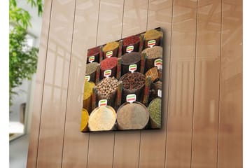 Canvastavla 45x45 cm - Färgglada kryddburkar i en marknadsställning - Röd / Gul / Brun - Inredning - Tavlor & posters - Canvastavla