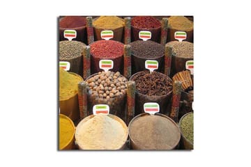 Canvastavla 45x45 cm - Färgglada kryddburkar i en marknadsställning - Röd / Gul / Brun - Inredning - Tavlor & posters - Canvastavla