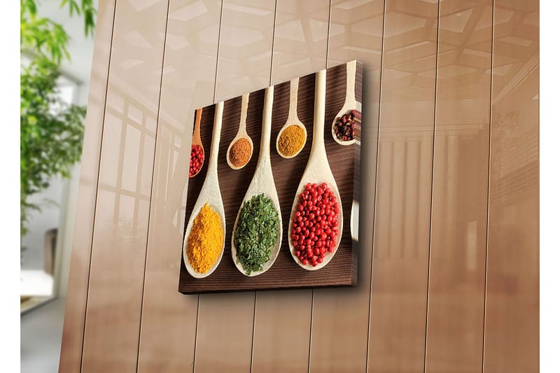 Canvastavla 45x45 cm - Färgglada kryddor i träskedar - Gul / Grön / Röd - Inredning - Tavlor & posters - Canvastavla