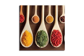 Canvastavla 45x45 cm - Färgglada kryddor i träskedar - Gul / Grön / Röd - Inredning - Tavlor & posters - Canvastavla