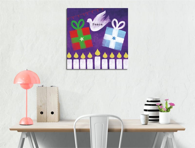 Canvastavla 45x45 cm - Färgglada presenter med en fredsduva i en lekfull komposition - Grön / Röd / Lila - Inredning - Tavlor & posters - Canvastavla