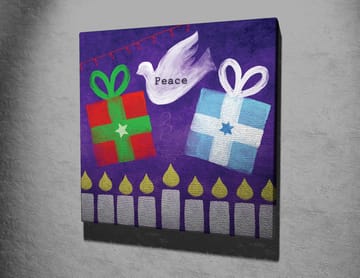 Canvastavla 45x45 cm - Färgglada presenter med en fredsduva i en lekfull komposition - Grön / Röd / Lila - Inredning - Tavlor & posters - Canvastavla