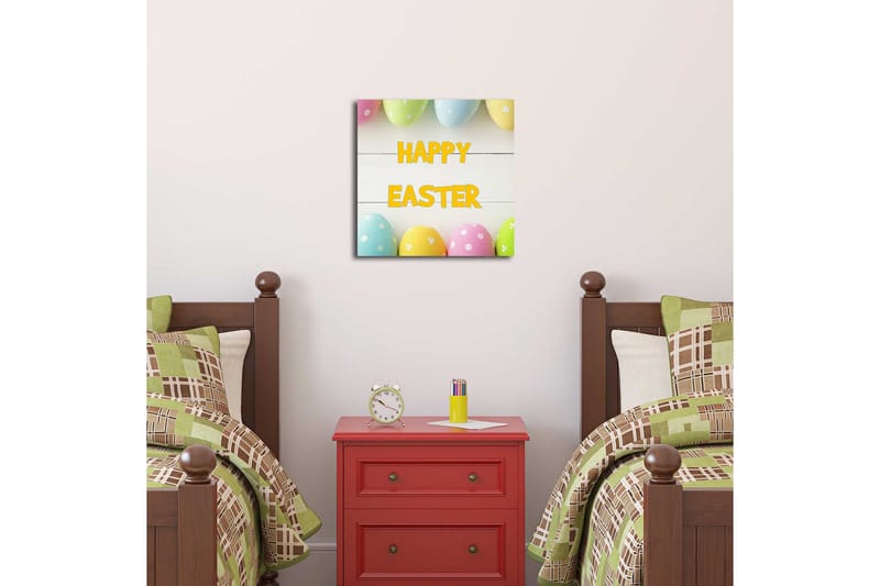Canvastavla 45x45 cm - Färgglada påskägg med texten HAPPY EASTER - Gul / Rosa / Grön - Inredning - Tavlor & posters - Canvastavla