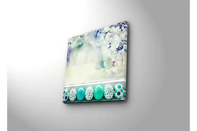 Canvastavla 45x45 cm - Färgglada påskägg i en vårig miljö - Turkos / Vit / Grön - Inredning - Tavlor & posters - Canvastavla