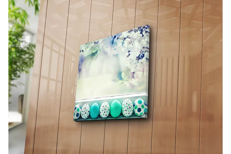 Canvastavla 45x45 cm - Färgglada påskägg i en vårig miljö - Turkos / Vit / Grön - Inredning - Tavlor & posters - Canvastavla