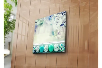 Canvastavla 45x45 cm - Färgglada påskägg i en vårig miljö - Turkos / Vit / Grön - Inredning - Tavlor & posters - Canvastavla