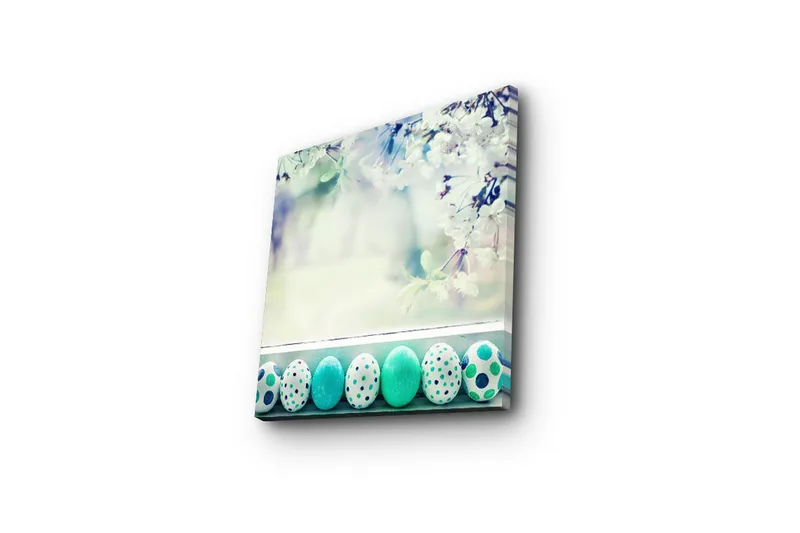 Canvastavla 45x45 cm - Färgglada påskägg i en vårig miljö - Turkos / Vit / Grön - Inredning - Tavlor & posters - Canvastavla