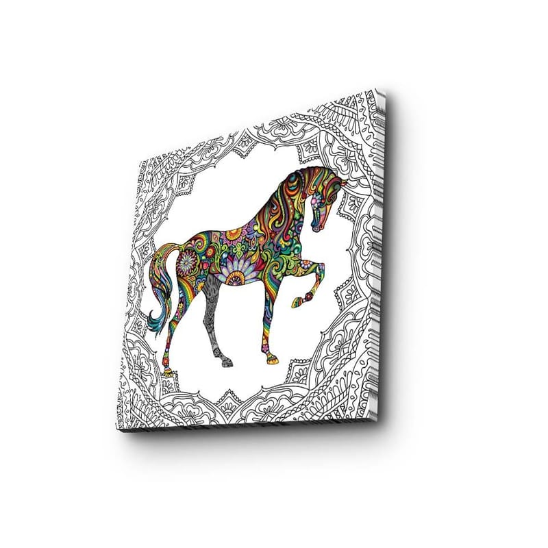 Canvastavla 45x45 cm - Färgglatt hästmotiv med mönster och detaljer, Röd / Grön / Blå