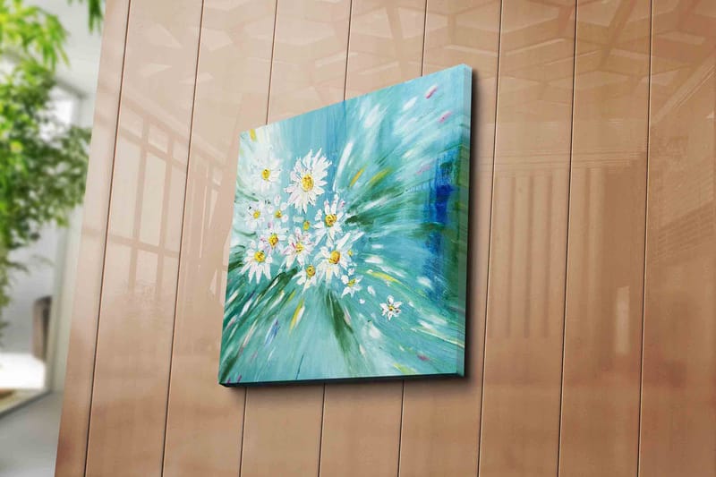 Canvastavla 45x45 cm - Färgrik bukett av prästkragar i en dynamisk komposition - Ljusblå / Vit / Gul - Inredning - Tavlor & posters - Canvastavla