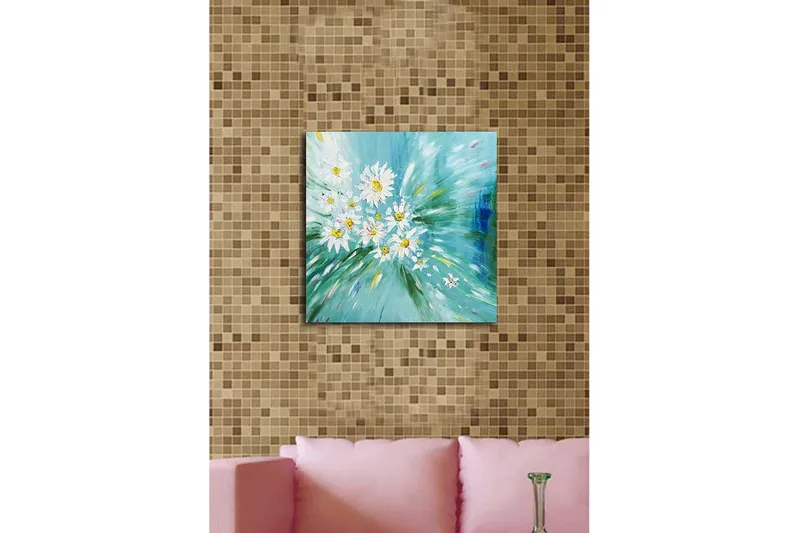 Canvastavla 45x45 cm - Färgrik bukett av prästkragar i en dynamisk komposition - Ljusblå / Vit / Gul - Inredning - Tavlor & posters - Canvastavla